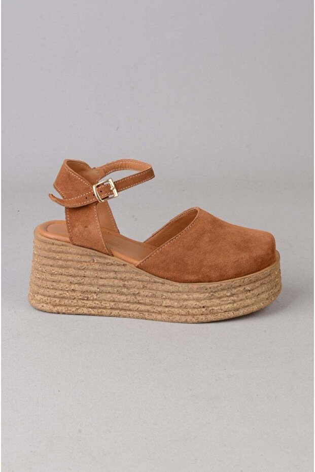 Seç 4069 Genuine Leather Platform Heel Sandals (Heel Height: 7 cm) Tan Suede