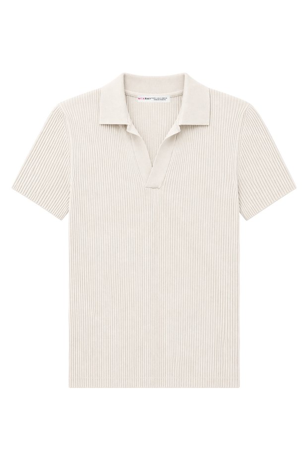 2091 Women's Polo Neck Ribbed Short Sleeve Knitwear Blouse Stone