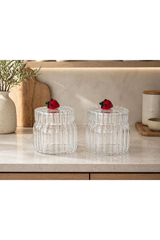 Set of 2 Borosilicate Glass Fruit Series Jars with Optical Lids 200 ml (Strawberry)