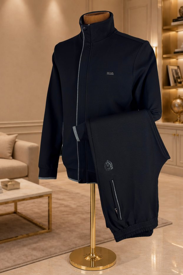 Black Stand-Up Collar Zipper Detail Tracksuit Set with Zipper Pockets Straight Leg Seasonal Jacquard Fabric for Men