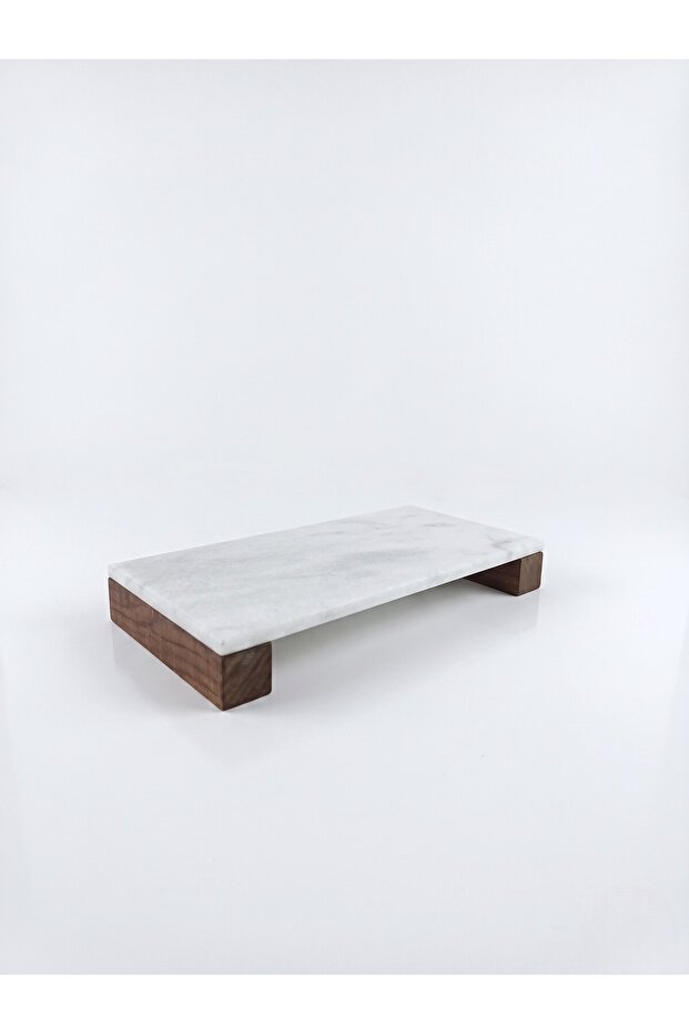 30X15 cm Natural Marble Multi-Purpose Presentation Tray with Walnut Wooden Legs - Coffee, Cheese Presentation & Jewelry Makeup Organizer