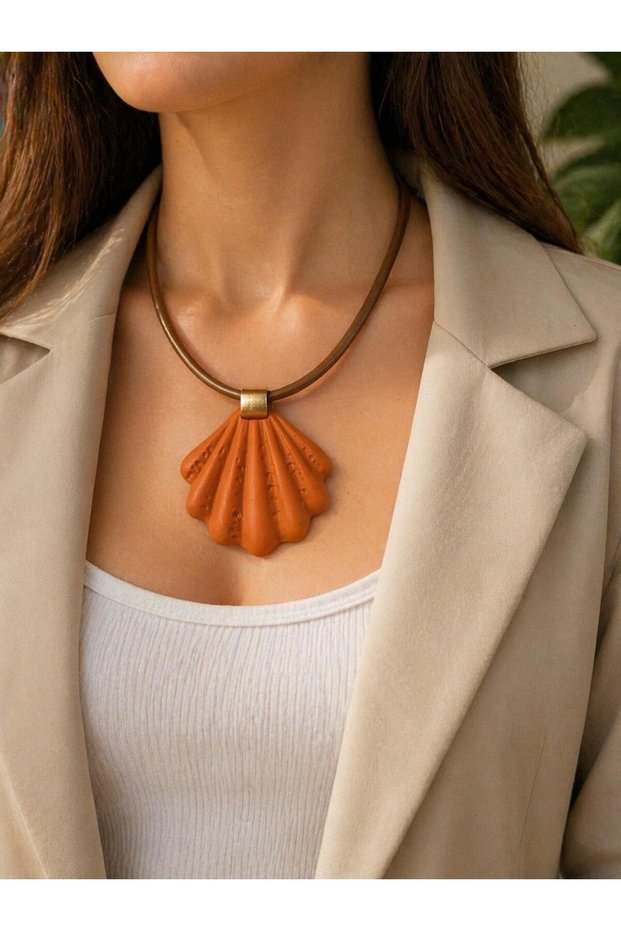 Seashell Necklace Orange – Leather Cord with Large Pendant Bohemian Chic Women's Necklace