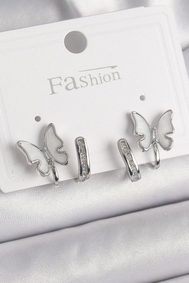 Brass Silver Color Zircon Stone Detailed White Pearlescent Butterfly Model Women's Earrings