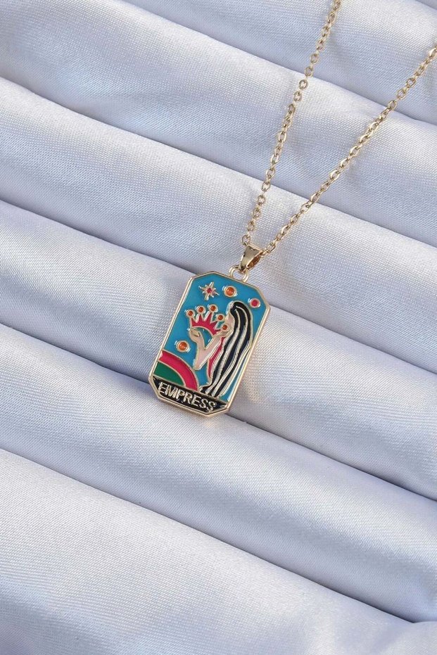 316L Steel Chain Gold Color Colorful Enamel Tarot Necklace with Crown and Girl Figure