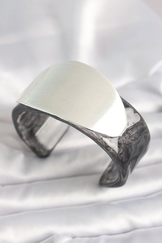 Black Marble Pattern Acrylic Plastic Silver Oval Plate Model Vintage Women's Bracelet