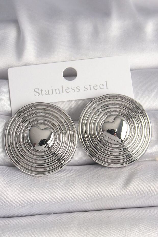 Brass Silver Color Heart Embroidered Circle Plate Model Women's Earrings
