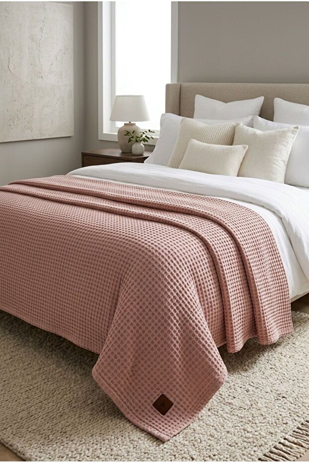 Pink Luxury Knitted Pique Single Bedspread & New Generation Stylish and Lightweight Design Knitted Bedspread - 165X215Cm.