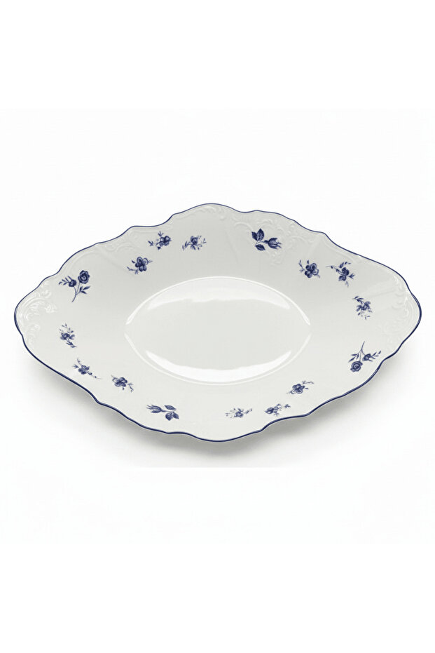 White Ceramic Leaf Shaped Plate with Blue Floral Design for Decorative Serving33 × 20 cm