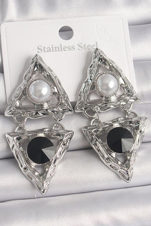 Brass Silver Color Dangle Triangle Model Pearl Detail Women's Earrings