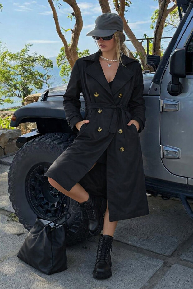 Women's Daily Premium Comfort Basic Long Black Trench Coat