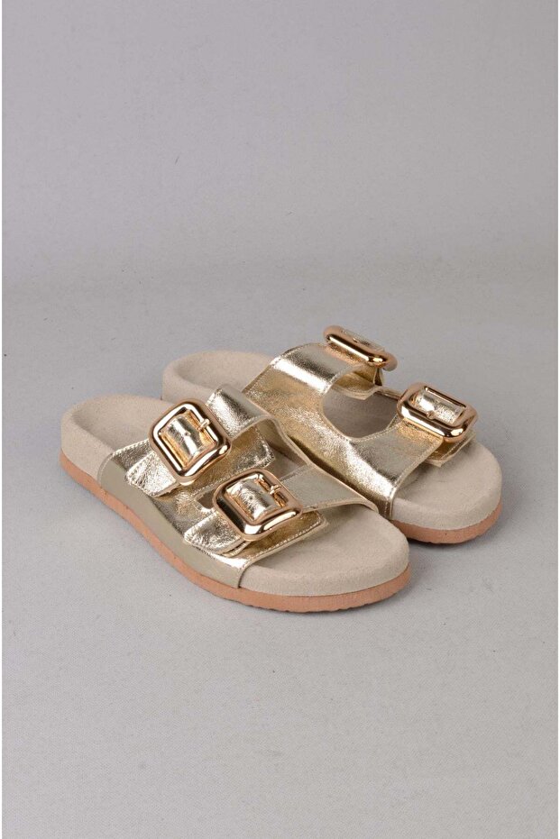 Seç 7543 Genuine Leather Women's Slippers (Heel Height: 2 cm) Gold