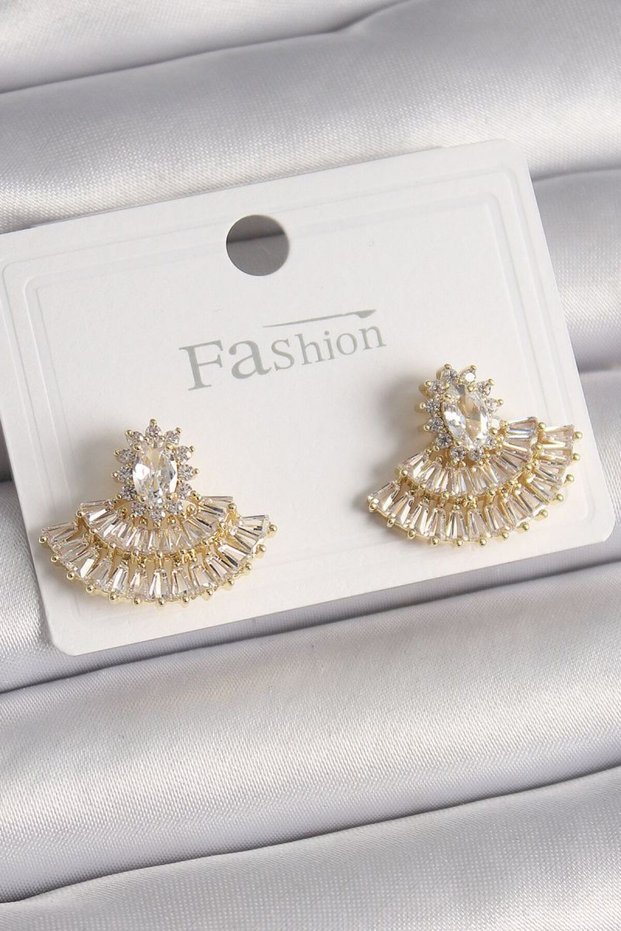 Brass Gold Color Zircon Stone Fan Model Women's Earrings