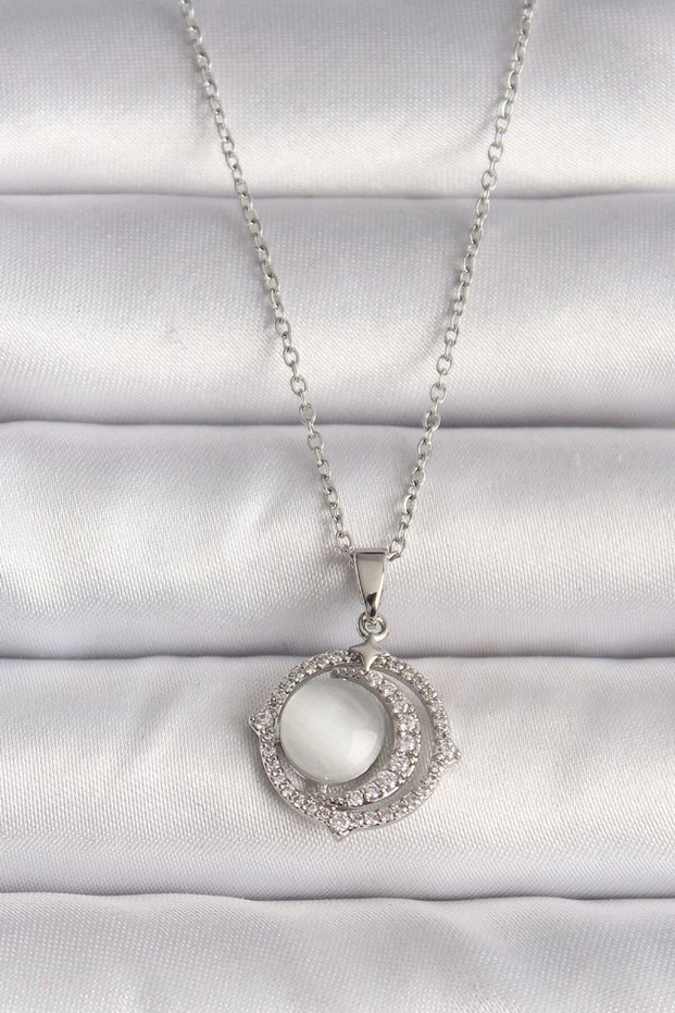 316L Steel Silver Color Zircon Stone White Pearlescent Crescent Model Women's Necklace