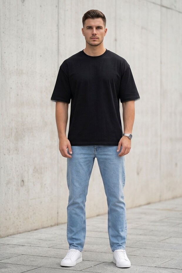 Men's Black Oversize T-Shirt Crew Neck Basic Comfortable Fit Casual T-Shirt