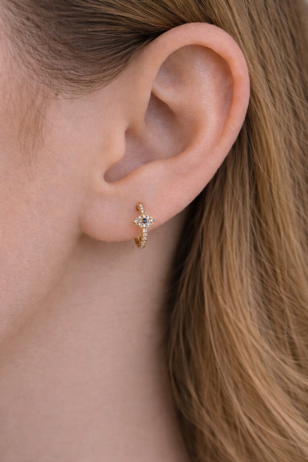 Nazar Detailed Thin Hoop Earring with Minimal Stones