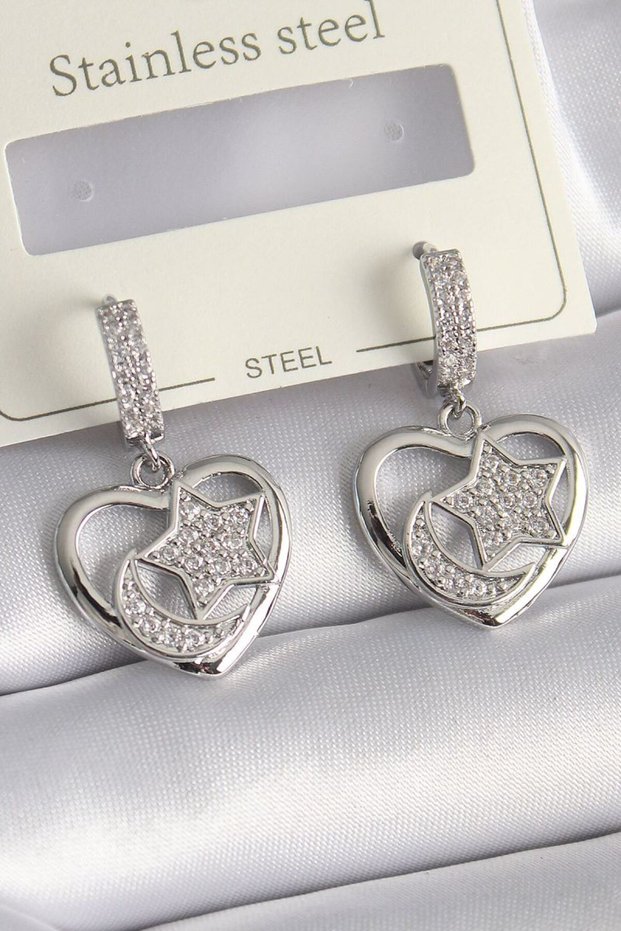 Brass Silver Color Heart Model Zircon Stone Moon Star Embroidered Women's Earrings