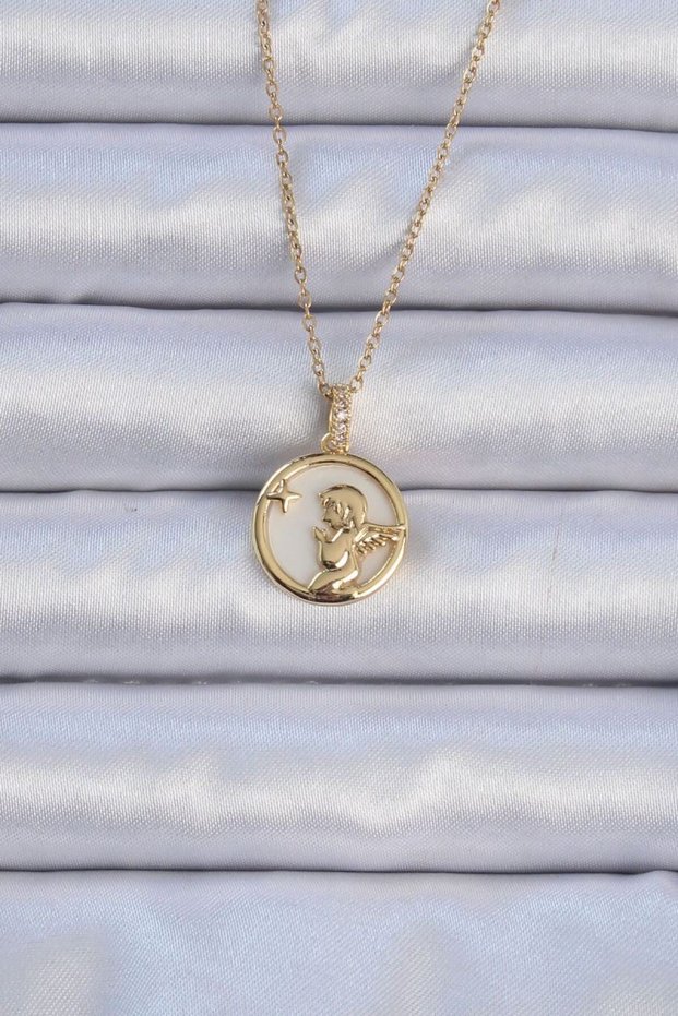 316L Steel Chain Gold Color Zircon Stone Enameled Angel Necklace