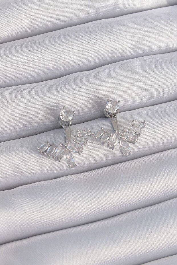 Brass Silver Color Zircon Stone V Model Earrings