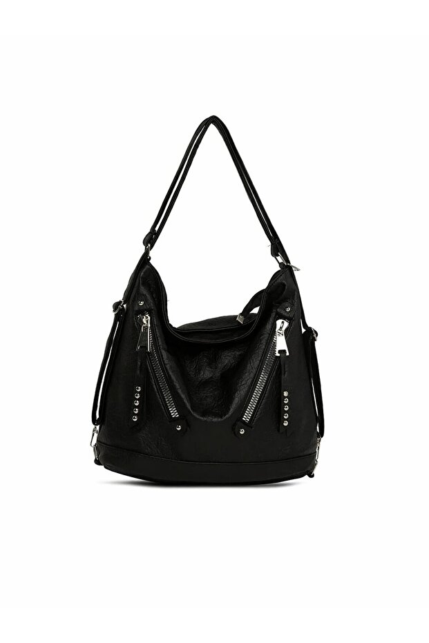 Washed Leather Shoulder Bag with Both Hem and Sleeve Details, Black