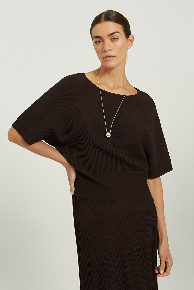 Bitter Brown Ribbed Bat Sleeve Blouse