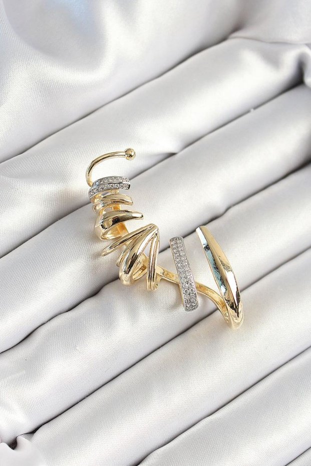 Gold Color Women's Right Cartilage Earring with Spiral Figure with Brass Zircon Stone Plated