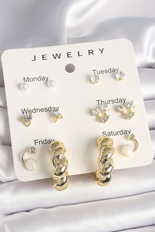 Brass Gold Color Zircon Stone Spiral Hoop Model 7 Piece Women's Earring Set