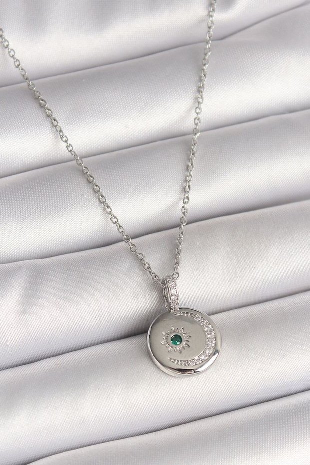 316L Steel Silver Color Chain Medallion Zircon Stone Embroidered Crescent Star Model Women's Necklace
