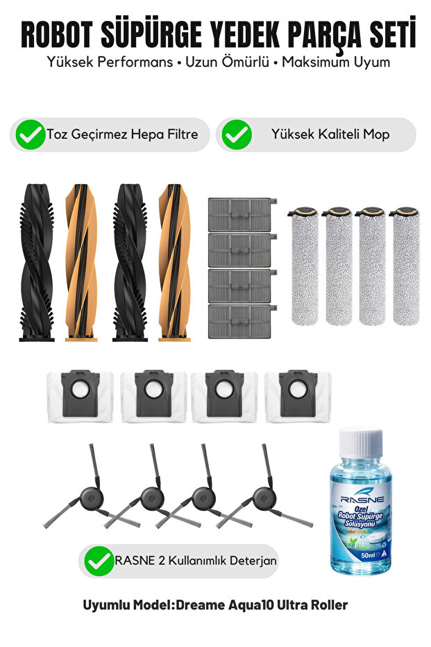 Dreame Aqua10 Ultra Roller متوافق مع 2 فرشاة رئيسية، 4 فرشاة جانبية، 4 فلاتر، 4 ممسحة، 1 منظف، 4 أكياس غبار
