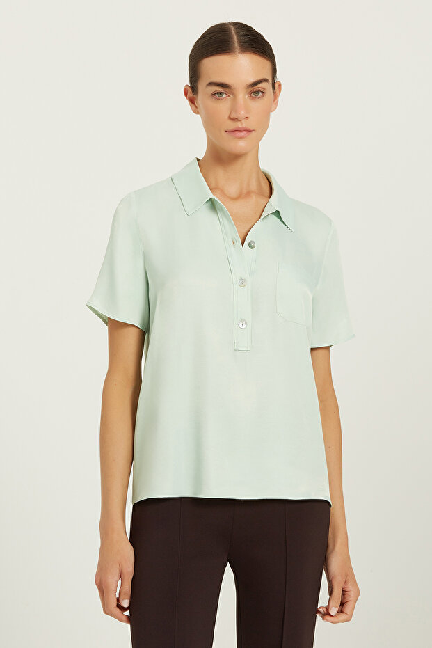 Mint Shirt Collar Buttoned Short Sleeve Blouse