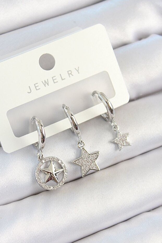 Brass Zircon Stone Star Model Silver Color 3-Piece Double Women's Earring Set