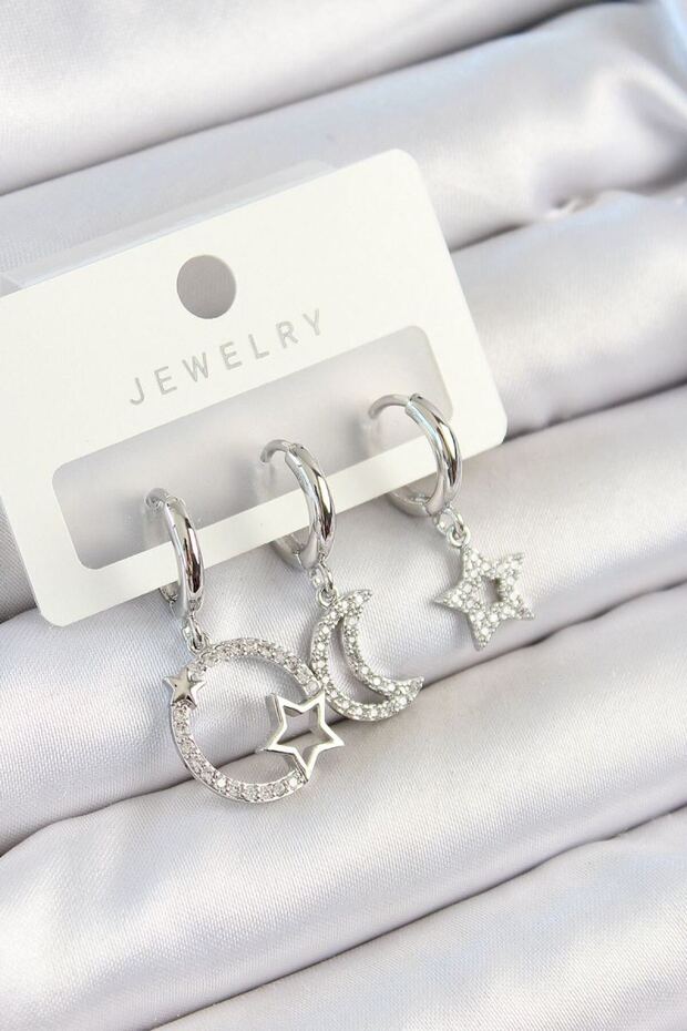 Brass Zircon Stone Moon and Star Model Silver Color 3-Piece Double Women's Earring Set