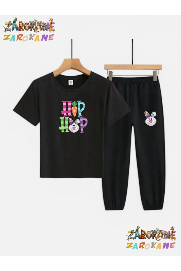Hiphop Rabbit Printed Top and Bottom Track Suit/T-Shirt Two-Piece Kids' Set (Pocketed Track Pants)