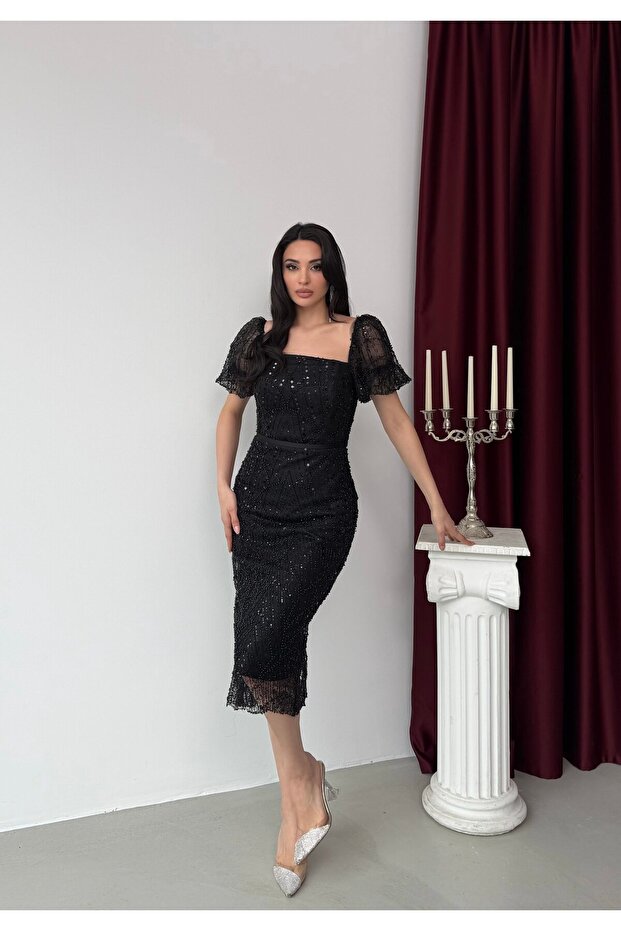 Black Square Neck Balloon Sleeve Sequin Embroidered Midi Evening Dress