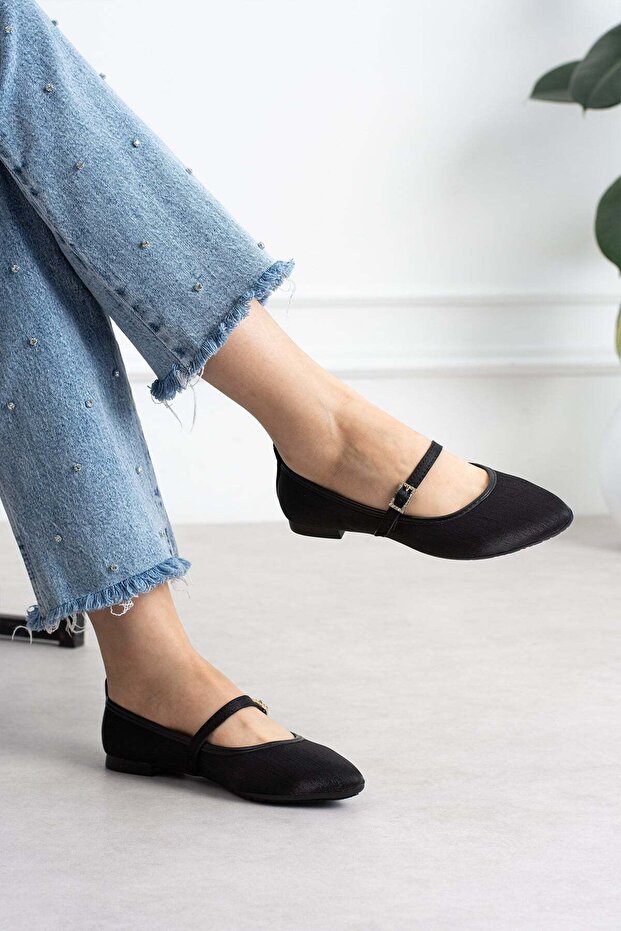 Lofi Women's Flat Shoes with Front Strap and Buckle, Black Satin