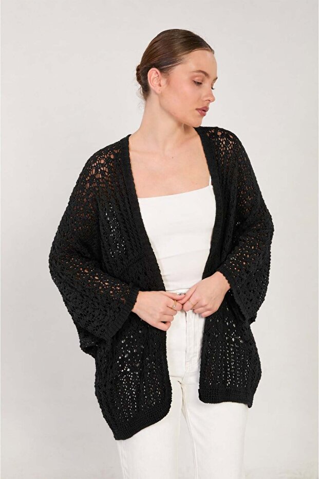 Women's Bat Sleeve Openwork Cardigan - Black