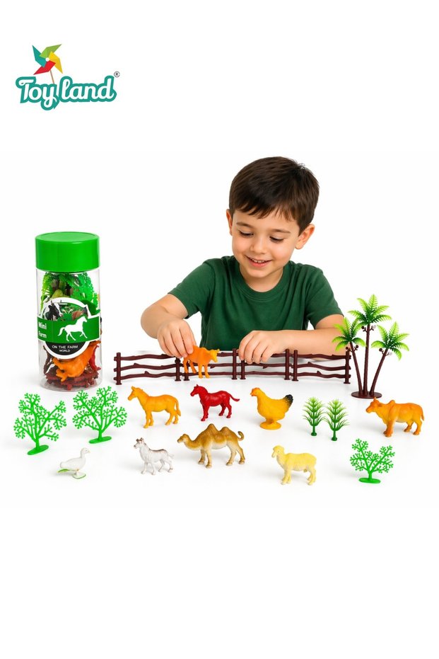Mini Farm Animal Play Set with Storage Bottle – Educational Toy Set with Farm Animals, Trees & Fences for Kids