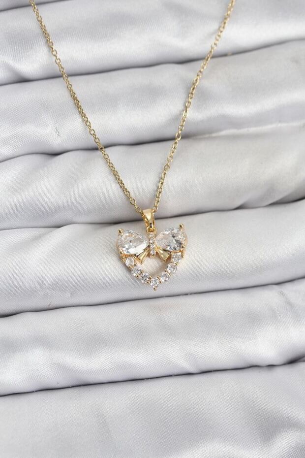 316L Steel Chain Gold Color Heart and Bow Model Zircon Stone Women's Necklace