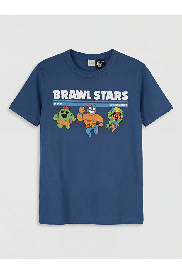 Navy Blue Crew Neck Brawl Stars Printed Boys' T-Shirt