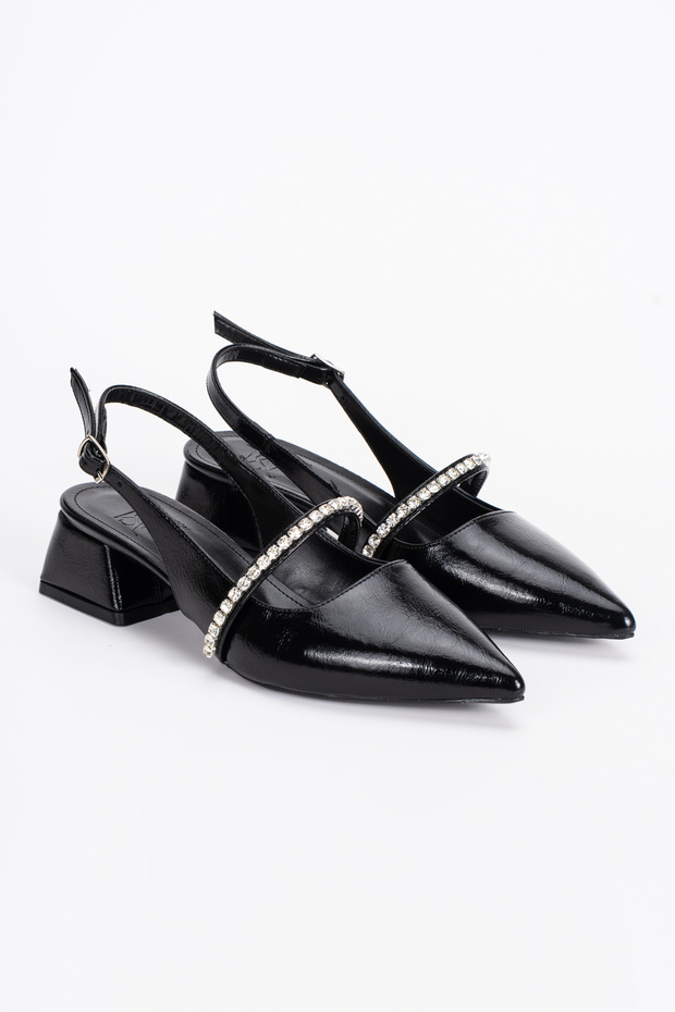 Open Back, Stone Detailed, Pointed Toe, Low Heel, Daily Ballerina Women's Heeled Shoes
