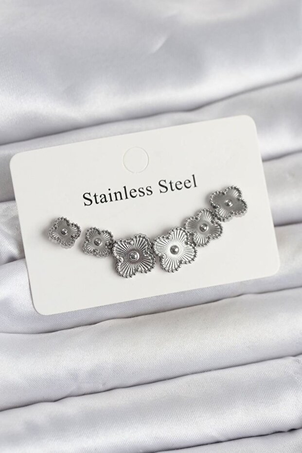 316L Steel Silver Color Clover Earring Set