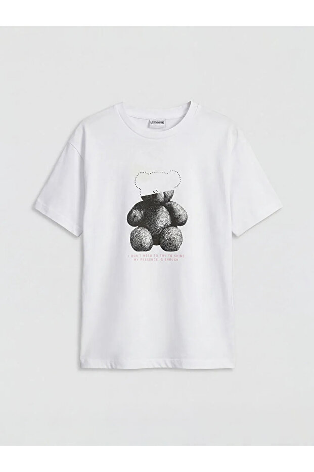 White Bear Printed Stoned Girls' T-Shirt