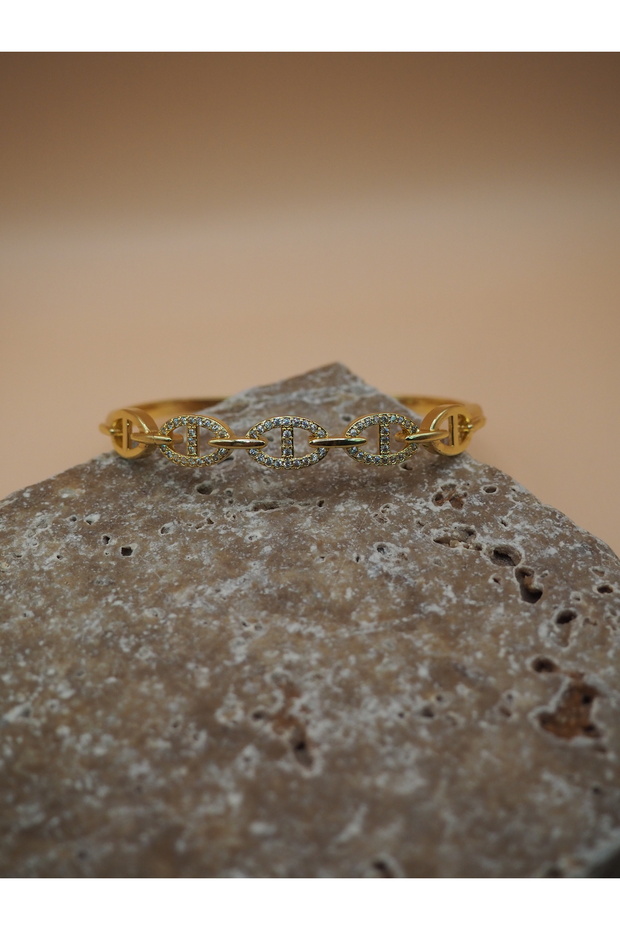 Gold Color Handcuff Bracelet with Zircon Stone Ring Detail