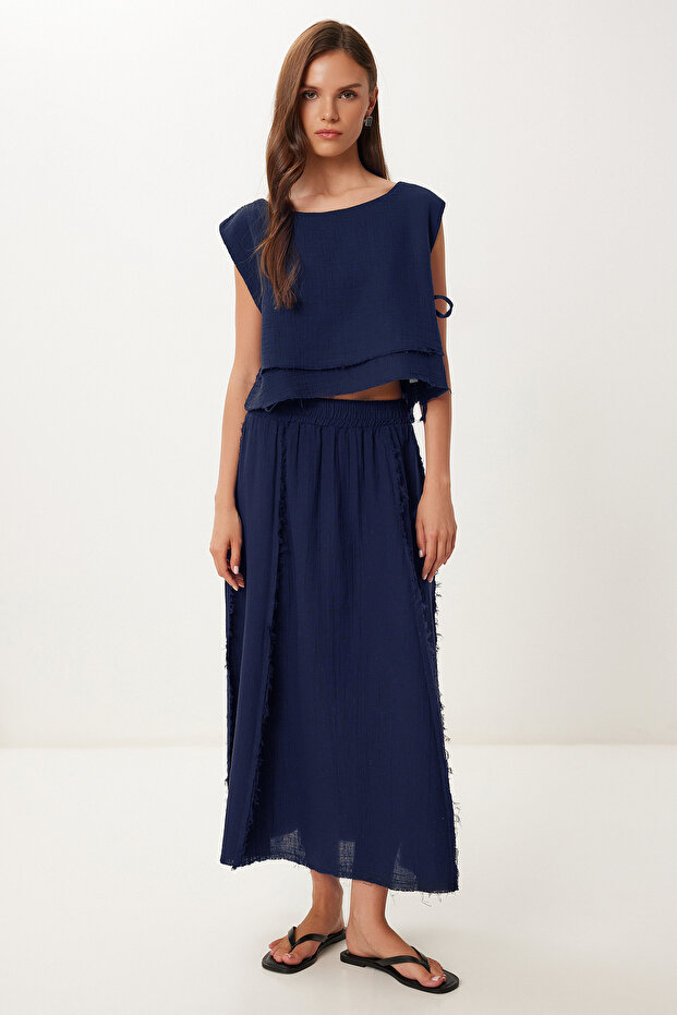 Muslin Blouse Skirt Set Lgp0013 Dark Blue
