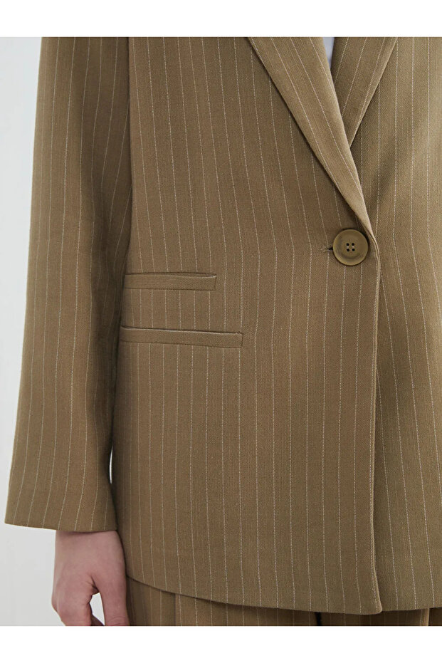 Khaki Striped Linen Blend Women's Blazer Jacket