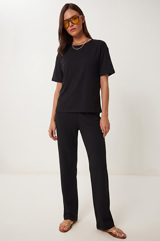 Belt Detailed Modal Top and Bottom Set Lnt0032 Black