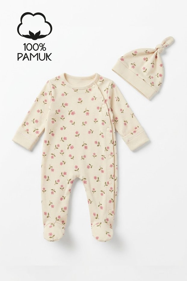 Newborn Hospital Release 100% Cotton Floral Romper and Knotted Beanie Set