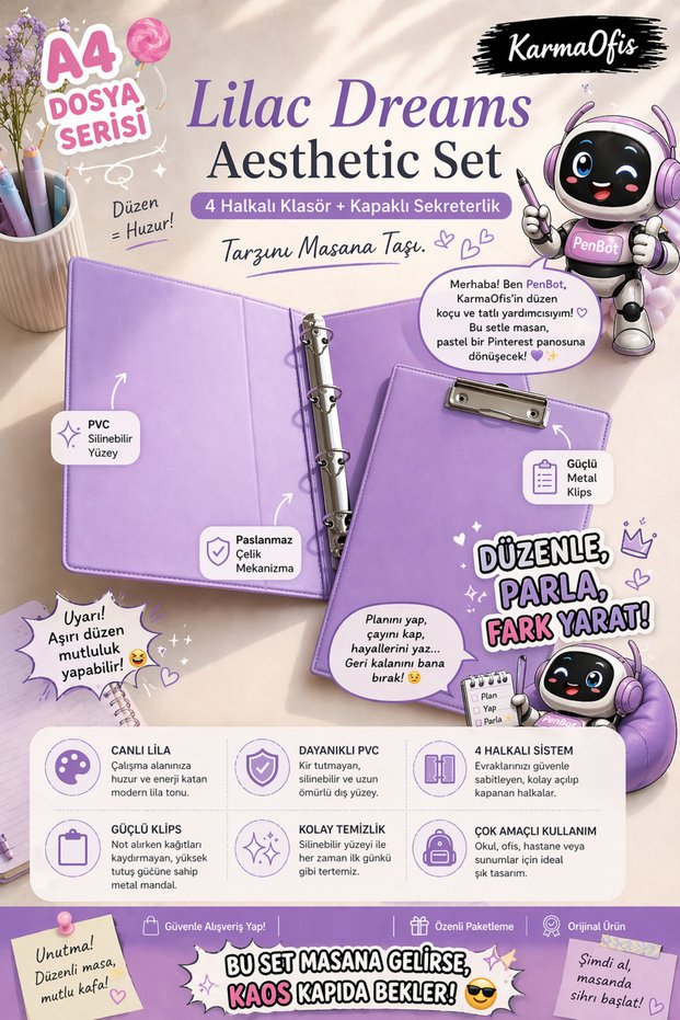 Lilac Dreams Aesthetic Stationery Set A4 4-Ring Binder + Secretary with Cover Pink Pvc File Organizer