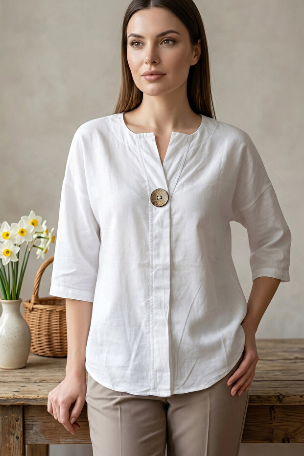 Women's white plus size one-button washable cotton linen shirtdress with fold-over sleeves