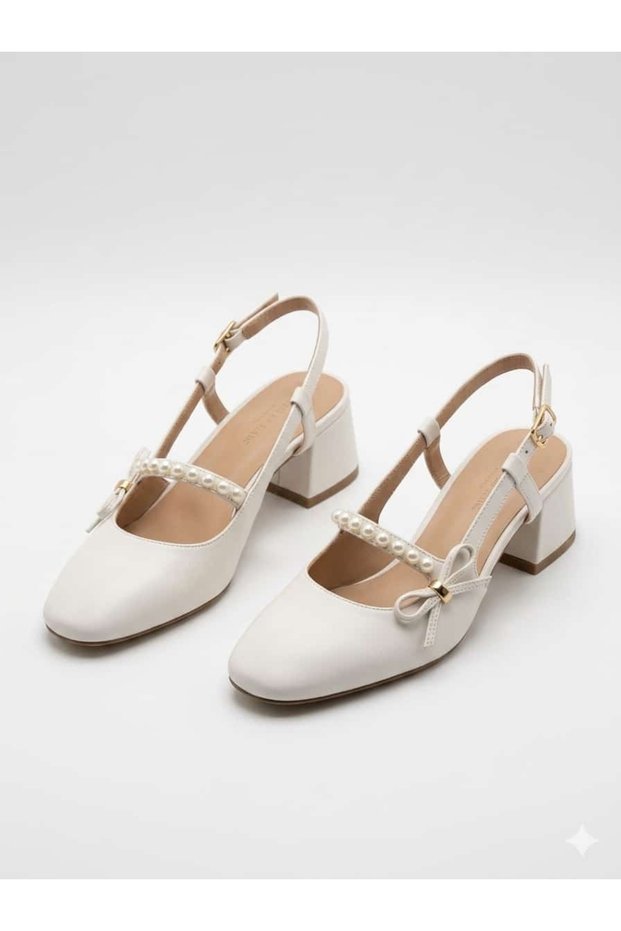Women's White Yanki Leather Stripe Pearl Heeled Shoes