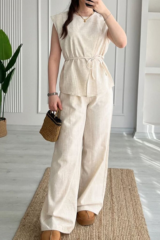 Women's Linen Set – Belted Blouse and Wide-Leg Pants Two-Piece Set